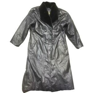Vintage KC Direct Trench Coat Women's L Black Leather Faux Fur *MISSING BELT